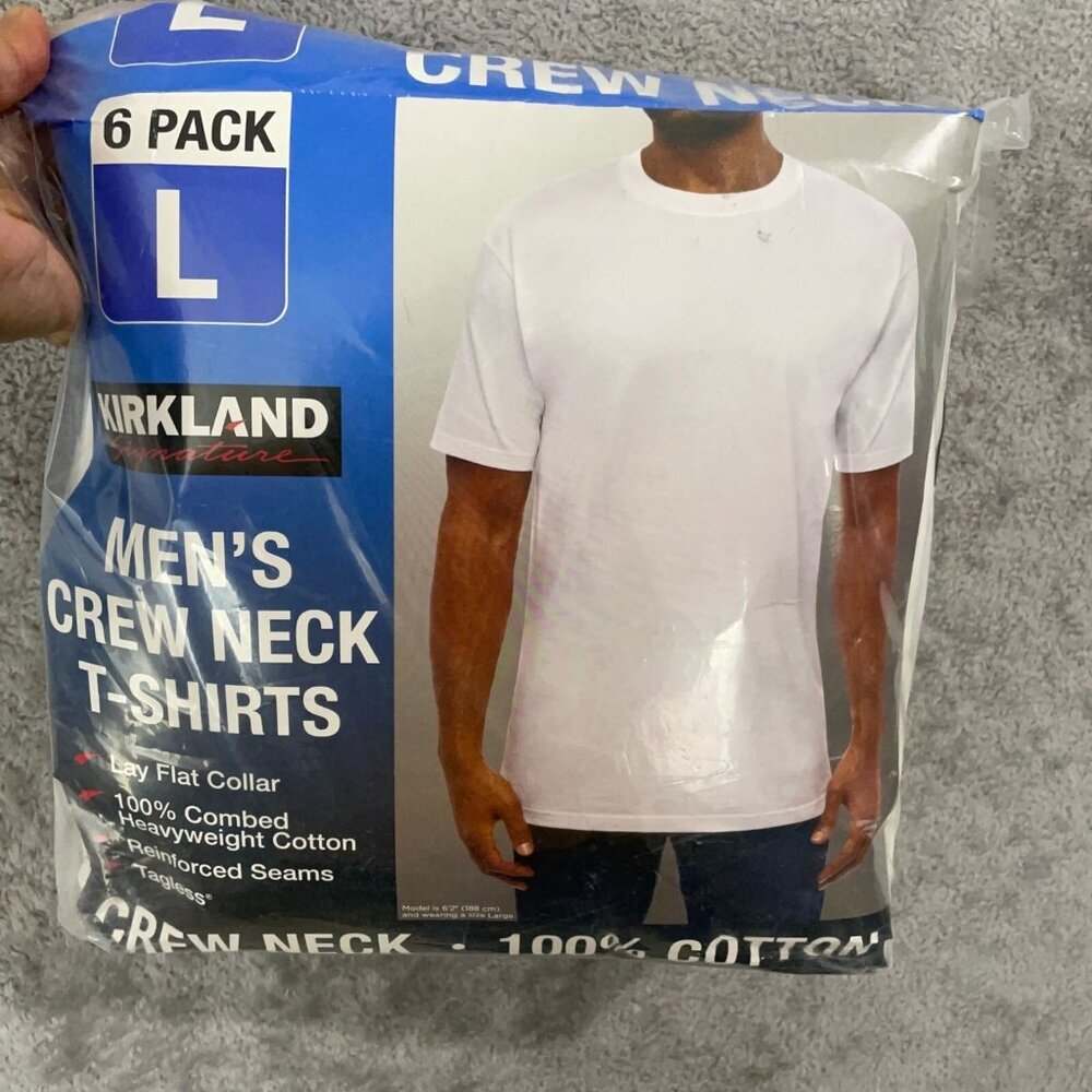 NEW Kirkland Signature 6 Pack Mens L White Crew Neck T-Shirts 100% Cotton - Picture 2 of 7